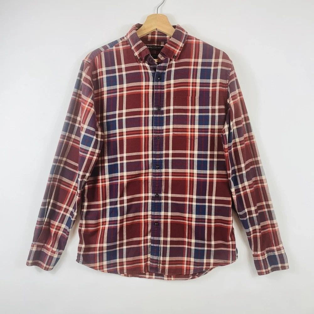 Banana Republic Luxe Mens Medium Slim Shirt Flannel Maroon Plaid Cabin‎ Rugged